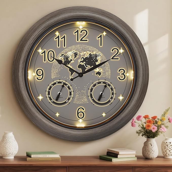 Pytha Sight Illuminated Large Indoor Outdoor Clocks Waterproof 18 Inch with Smart Night Light Sensor,Star World Map Design with Thermometer & Hygrometer for Patio, Pool, Garden,Housewarming Gift