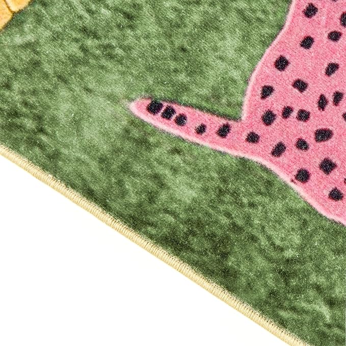 Leopard Washable Rugs, Green Cute Cheetah Tropical Animals Boho Vintage Distressed Hippie 4x6 Area Rugs for Dining Living Room Bedroom Kitchen Nursery, Oriental Aesthetic Tribal Indoor Entryway Carpet