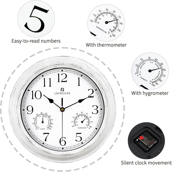 Lafocuse 12 Inch White Outdoor Clocks Waterproof for Patio Pool Bathroom | With Thermometer Combo and Hygrometer, Vintage Rustic Weather Outside Clock for Garden Garage Porch Kitchen, Silent, Accurate