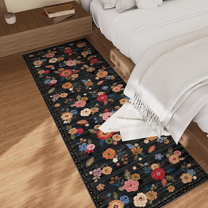 Machine Washable Rug Runners for Hallways: 2'6"x8' Kitchen Runner Rug Non Slip Low Pile Soft Faux Wool Floral Floor Rug Non Shedding Carpet Runners for Entryway Bedroom Hallway Living Room Farmhouse