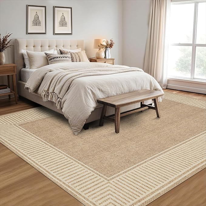 GarveeHome Living Room Area Rug 8x10 Modern Striped Border Throw Carpet | with Rubber Backing Low Pile Stain Resistant Dining Room Rug Contemporary Bordered Carpet for Home Office, Khaki