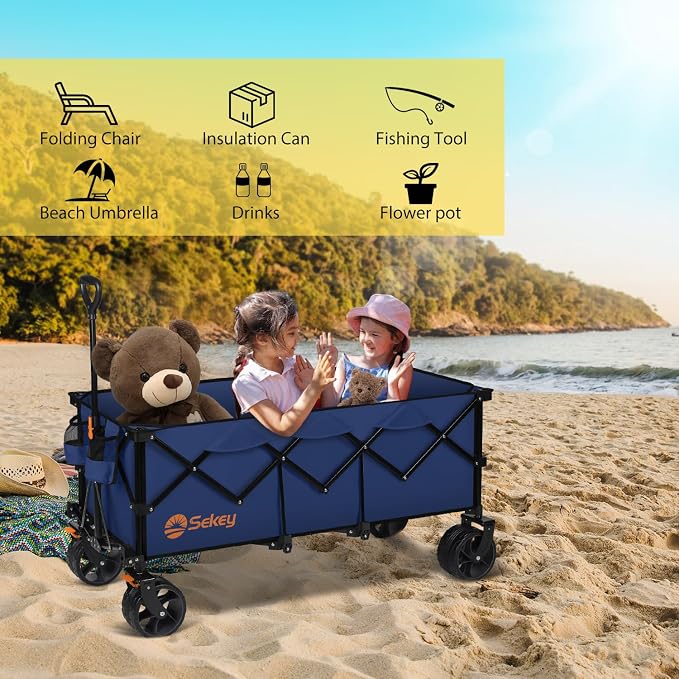 Sekey Extended Collapsible Foldable Wagon with 660lbs Weight Capacity, Heavy Duty Folding Utility Garden Cart with Big All-Terrain Beach Wheels & Drink Holders. Navy Blue