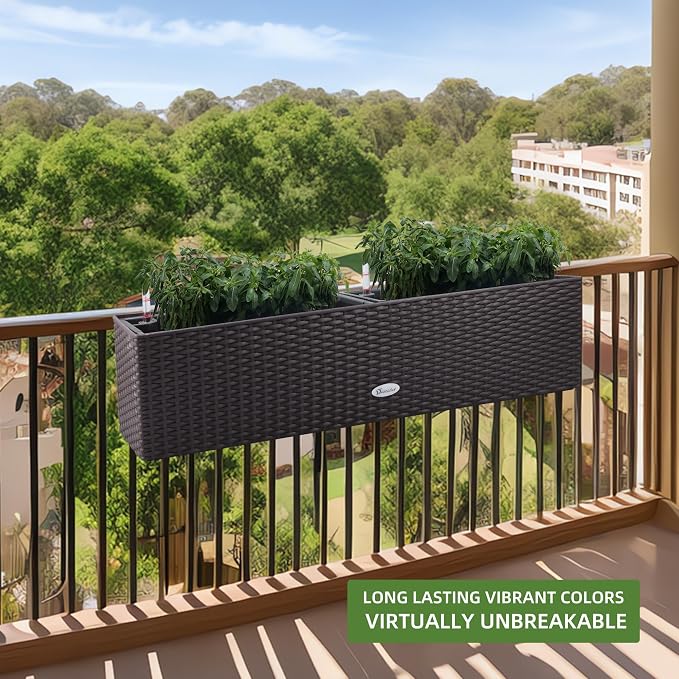 Dexceder 31.5 Inch Self Watering Rail Window Box with Bracket (Brown) | Thickened Large Rattan Planter Flower Plant Pot with Water Level Indicators Indoor Outdoor
