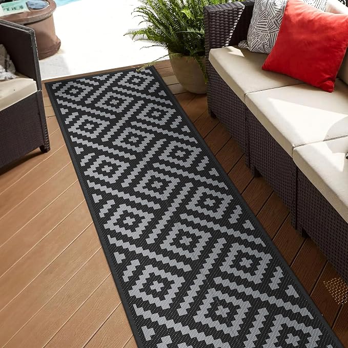 GENIMO Outdoor Rugs 2.5'x8' Waterproof, Reversible Mats, Outdoor Area Rug, Plastic Outside Carpet, Eeometric Rv Mat for Patio Camping Rv Picnic Backyard Deck Balcony Porch Beach (Black & Grey)
