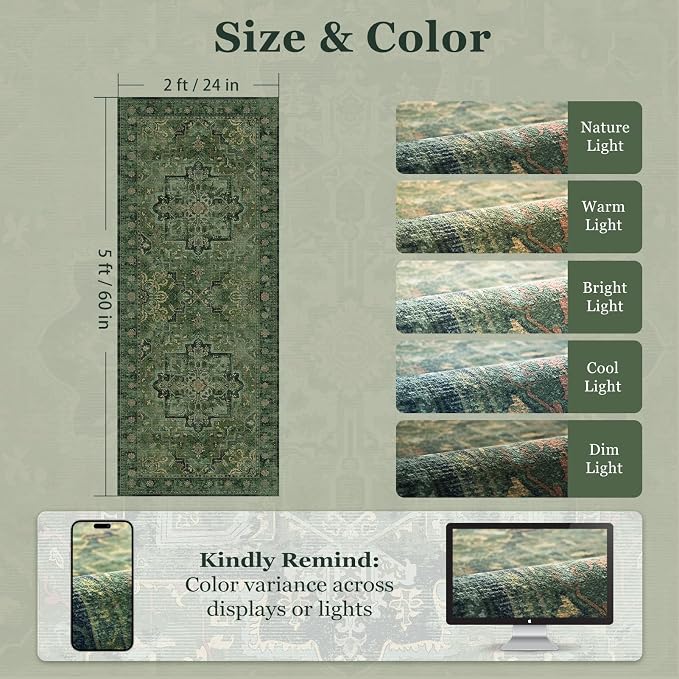 Green Boho 2x5 Runner Rugs for Hallways Non Slip Machine Washable, Low Pile Lightweight Carpet Runner for Entryway/Kitchen/Bathroom/Corridor/Laundry Room Distressed Vintage Medallion Printed