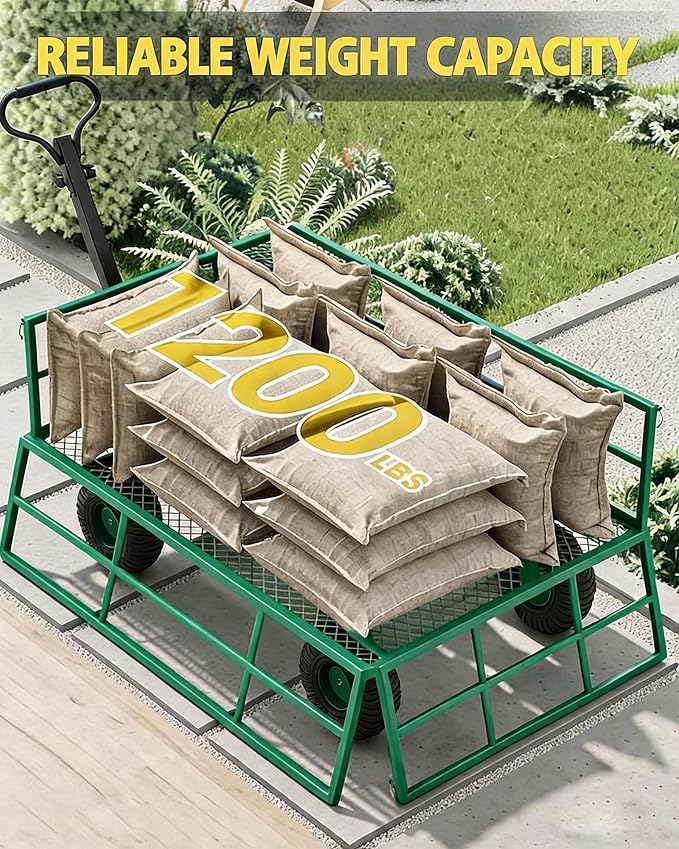 GarveeLife Heavy Duty Steel Garden Cart 1200 LBS Capacity 3 in 1 Pullable Garden Wagon with 13 in Wheels for Gardening Soil, Tools, and Plant Transport