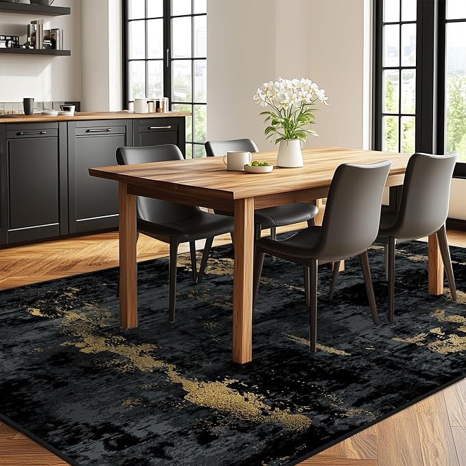 RELEANY Washable 7'x9' Abstract Area Rug for Living Room Black Gold | Carpet for Bedroom, Kitchen, Office, Hallway and Entryway, Printed Pattern, Non‑Slip, Soft, Stain‑Resistant, Easy to Clean