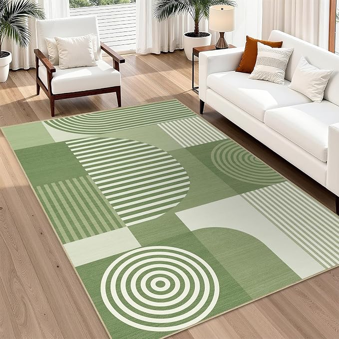 Area Rug 6x9 Living Room Green Geometric Rug Machine Washable Minimalist Line Mid Century Modern Area Rugs Non Slip Low Pile Large Dining Room Indoor Floor Carpet for Bedroom Office,Green