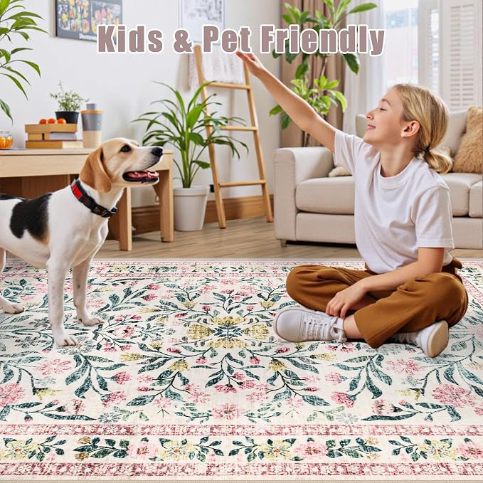 PLHXFR Round Area Rug Living Room: 8 ft Floral Washable Carpet Pink Green | For Bedroom Dining Room Farmhouse Nursery Hallway,Vintage Floral,Machine washable,Non Slip,Stain Resistant,Large Indoor