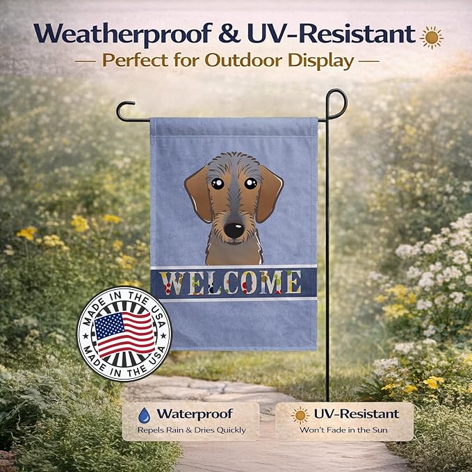Caroline's Treasures BB1419GF Wirehaired Dachshund Welcome Garden Flag, Blue Mailbox Flag Decorative Yard Flag Banner Outside Patio Artwork Yard Flower Beds, Garden Size, Multicolor