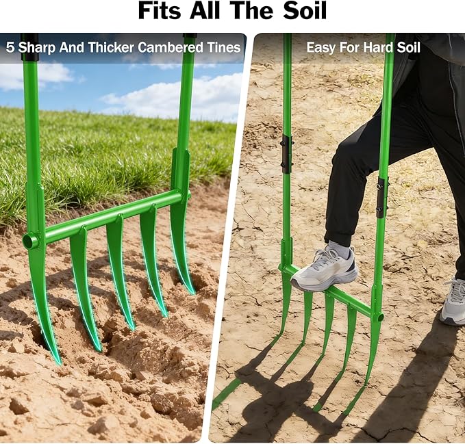 56'' Heavy Duty Broadfork for All the Soils, Unbreakable Pitchfork, 5 Sharp Cambered 11'' Tines Bord Fork Garden Tool, Ergonomic Handles, Good Package, Easy Assembly, Cultivator & Tiller, Green.