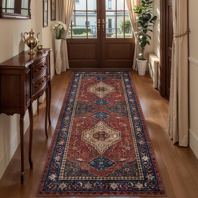 Tangsoo Red 2x6 Washable Runner Rug for Hallways, Vintage Non Slip Runner | Oriental Soft Low Pile Long Rug Runner, Boho Carpet Runners for Kitchen Bedroom Entryway Bathroom Living Room Red Beige