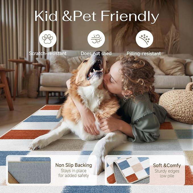 9x12 Washable Area Rug Living Room Colorful Large Non Slip Carpet | Soft, Low Pile, Modern, Pet Friendly, Indoor Rugs for Bedroom, Office, Nursery, Dining Room, Kids Room