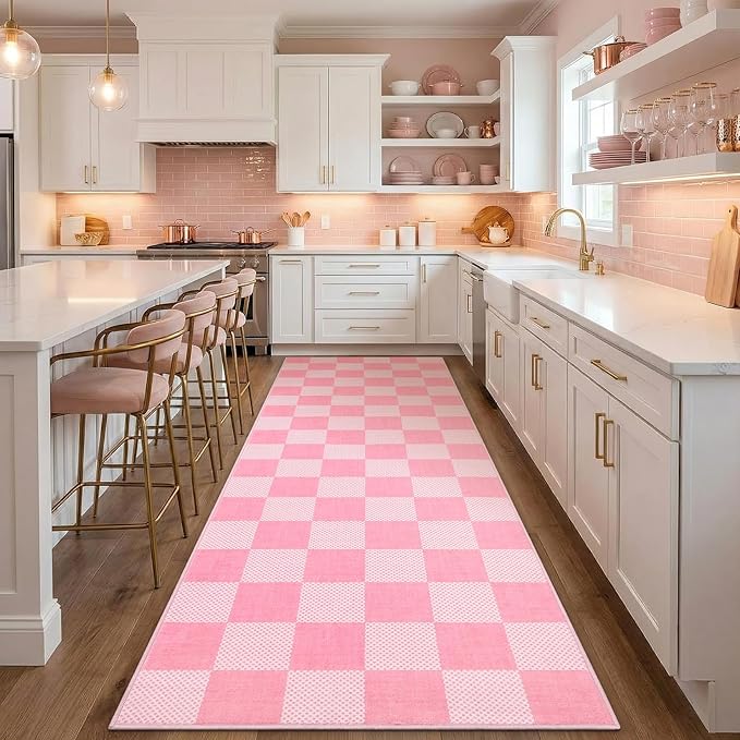 GarveeHome Checkered Pink 2x6 Washable Kitchen Runner Rug Low-Pile Entryway | Pink and White Small Area Rug for Hallway Bedroom Bathroom Non-Slip Stain Resistant Geometric Rugs TPE Backing