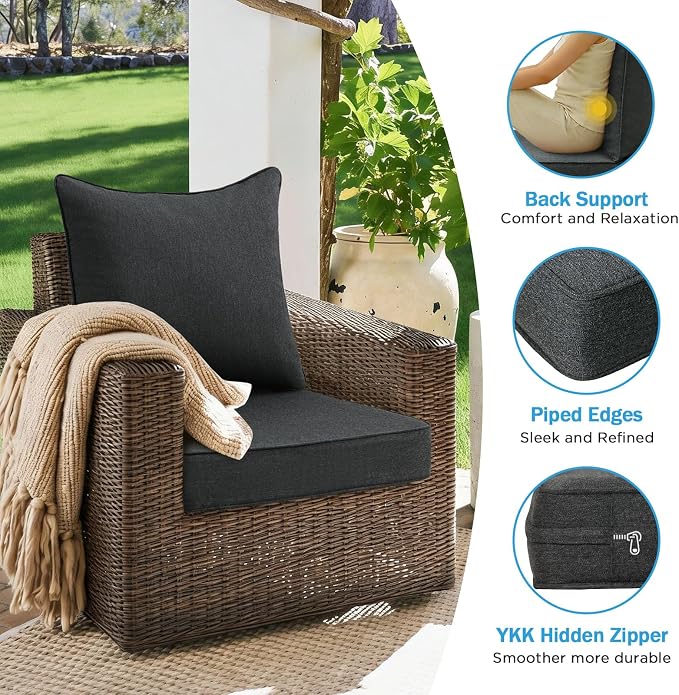 Sunbrella Outdoor Deep Seat & Back Cushion Set (2-Pack), 24 x 24 Inch Water Repellent and Fade Resistant Patio Furniture with Removable Cover for Outside Sofa Couch, Canvas Soot