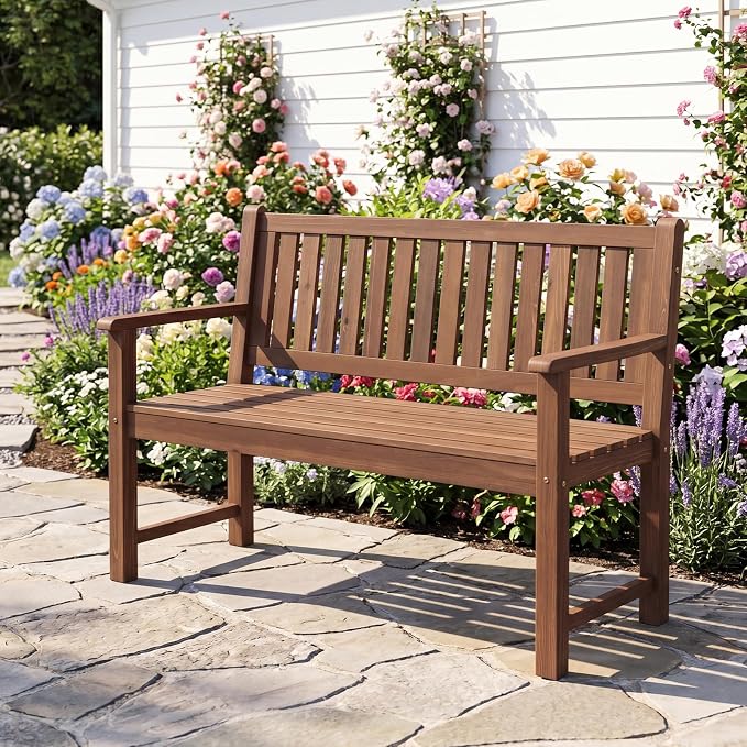 Tangkula 2-Seater Outdoor Wooden Bench, Garden Loveseat Bench with Backrest, Armrests, Slatted Seat, Loads up to 660 LBS, Fir Wood Bench Seating for Porch, Backyard, Deck, Poolside (45.5",Brown)