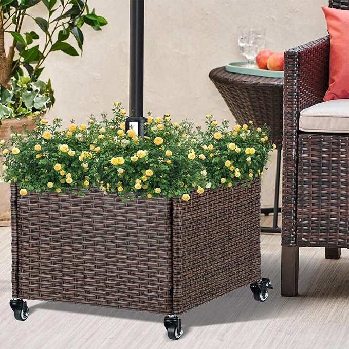 SUNNYPARK Umbrella Base with Wheels and Fillable Planter 2 in 1 | 120lbs Capacity, Heavy Duty, Hand Woven Rattan Style, Portable Decorative Umbrella Stand for Garden Backyard Deck Poolside