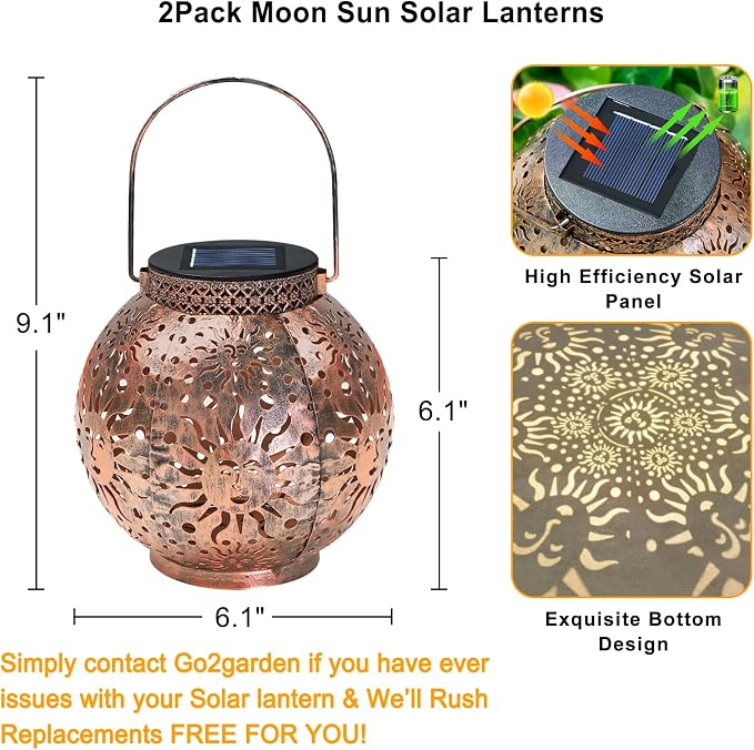 Go2garden Gifts 2Pack Solar Lanterns Outdoor Waterproof Mothers Day Gifts for Mom Moon Star Sun Solar Lights for Balcony, Yard,Birthday Gifts for Women Grandma Wife (Bronze)