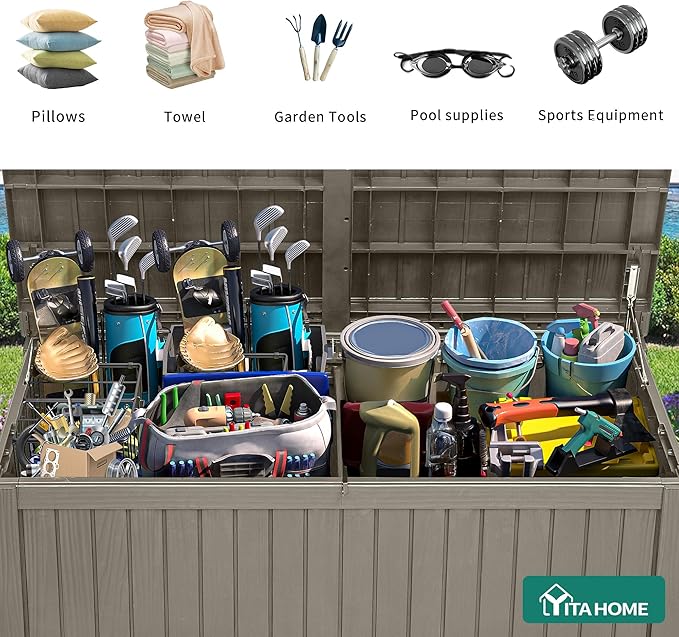 YITAHOME 220 Gallon Large Outdoor Storage XL Deck Box w/Divider for Patio Furniture,Outdoor Cushions, Garden Tools, Sports Equipment and Pool Supplies, Waterproof, Resin, Lockable, Taupe