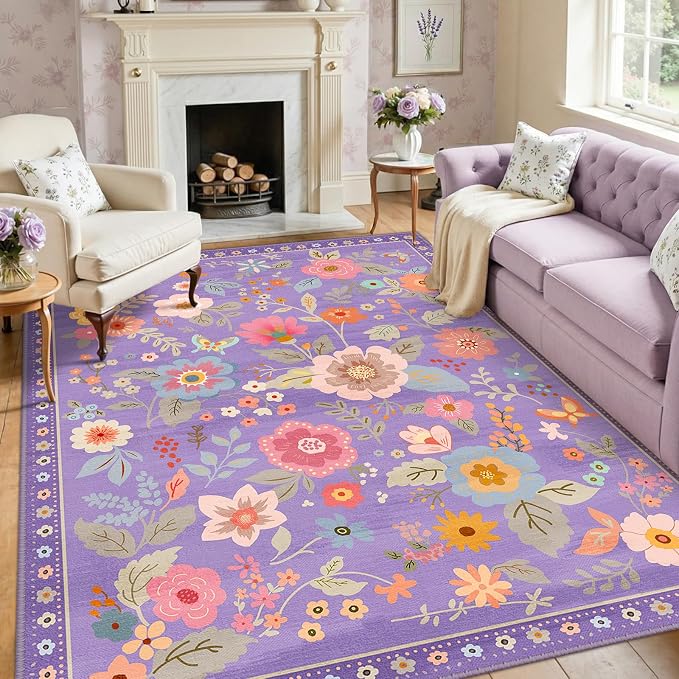 RELEANY Floral Washable 7x9 Area Rugs Purple/Pink | Flower Carpet, Print, Boho, Non-Slip, Easy to Clean, Soft, Low Pile for Living Room Bedroom Kitchen Office Entryway Hallway