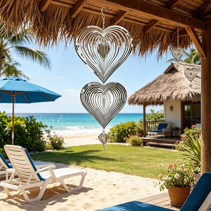 Heart-Shaped 3-Tier 3D Stainless Steel Reflective Hanging Wind Spinners | Outdoor garden yard patio decor, bird deterrent, romantic metal art gift for mom women