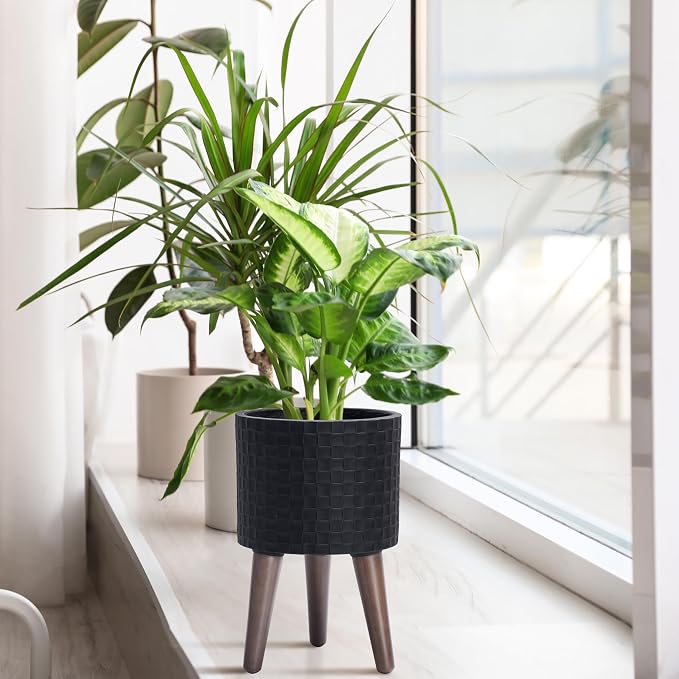 D'vine Dev 8 Inch Modern Geometric Tile Patterned Sleek Planter Pot with Stand, Indoor Outdoor Decorative Plant Holder, Matte Black, 88-Z-A-2