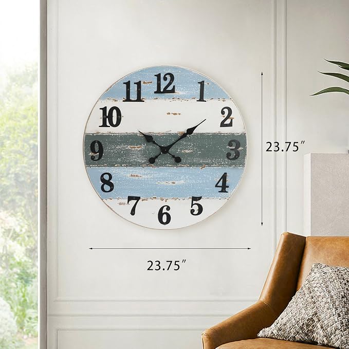 24" Large Beach Coastal Nautical Wall Clock, Wooden Wall Clocks Battery Operated,Vintage Farmhouse Decorative for Living Room, Kitchen, Home, Bedroom, Laundry Room, Blue
