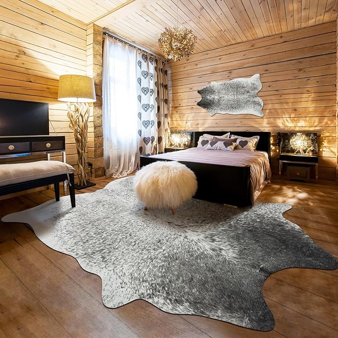 Large Washable Faux Cowhide Rug 6x7 Grey, Modern Farmhouse Animal Skin Area Rugs, Non Slip Cow Print Carpet for Large Living Room Bedroom Office, Vintage Aesthetic Floor Mat