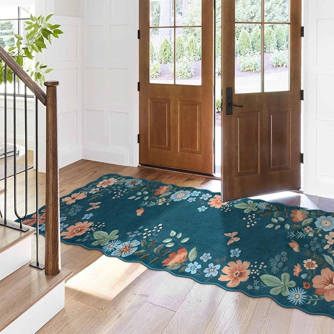 Lahome Floral Kitchen Runner Non-Slip, 2X6 Soft Washable Hallway Runner Rug | Ultra-Thin Stain Resistant Boho Laundry Room Rug Low-Pile Carpet for Bathroom Entryway Bedroom Flore, Navy Blue