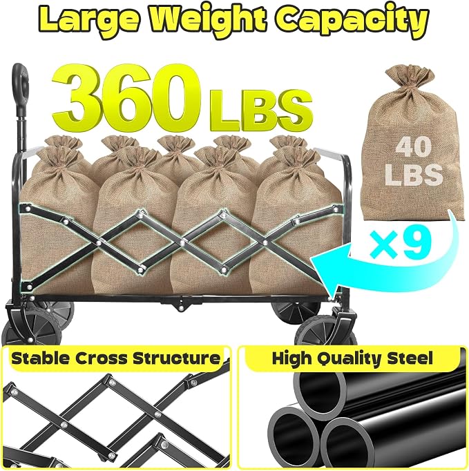 Collapsible Wagons Carts Foldable, 360lbs Portable Folding Wagon Cart with Wheels, Foldable Wagon Cart Utility for Camping, Beach, Grocery, Shopping, Sports, Garden