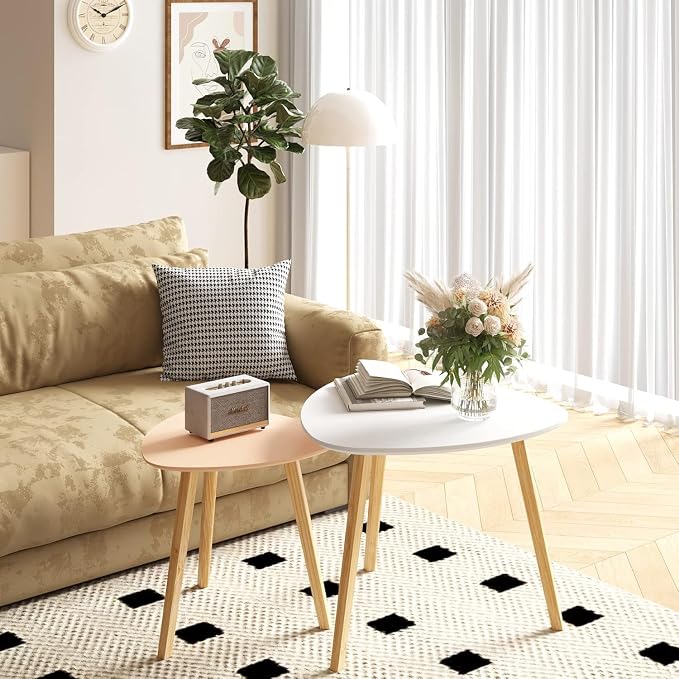BAMEOS Bamboo Nesting Triangle End Table,Set of 2 SideTable Modern Minimalist Coffee Table for Living Room (White & Pink)