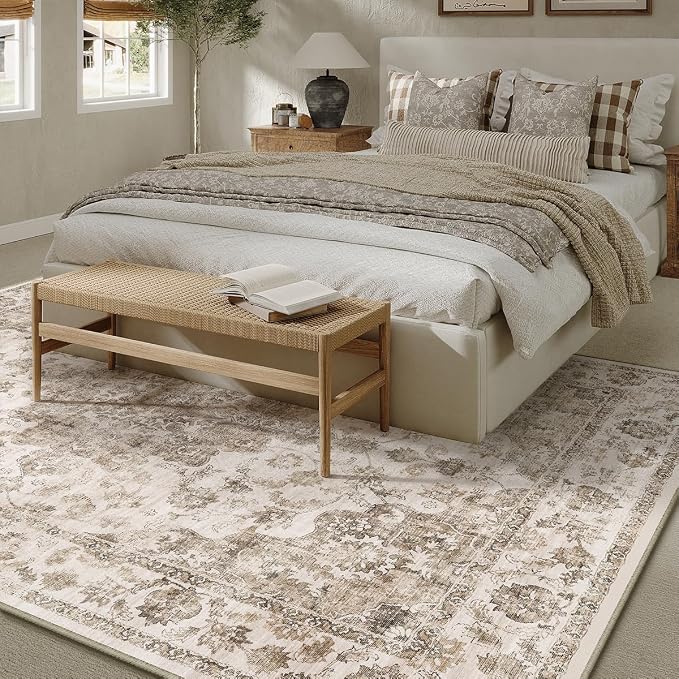 10x12 Brown Neutral Area Rug | Washable, Non Slip, Soft Low Pile, Vintage Farmhouse, Large, for Living Room Bedroom Dining Room Office Indoor Home Decor