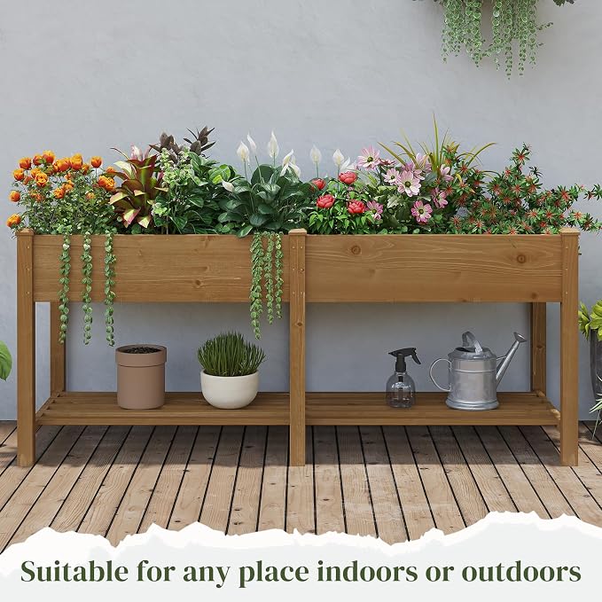 72x24x30.5in Raised Garden Bed Elevated Wood Planter Box with Shelf Garden Planter with Legs for Backyard, Patio, Balcony w/Divider Liner, 300lb Capacity (Brown)