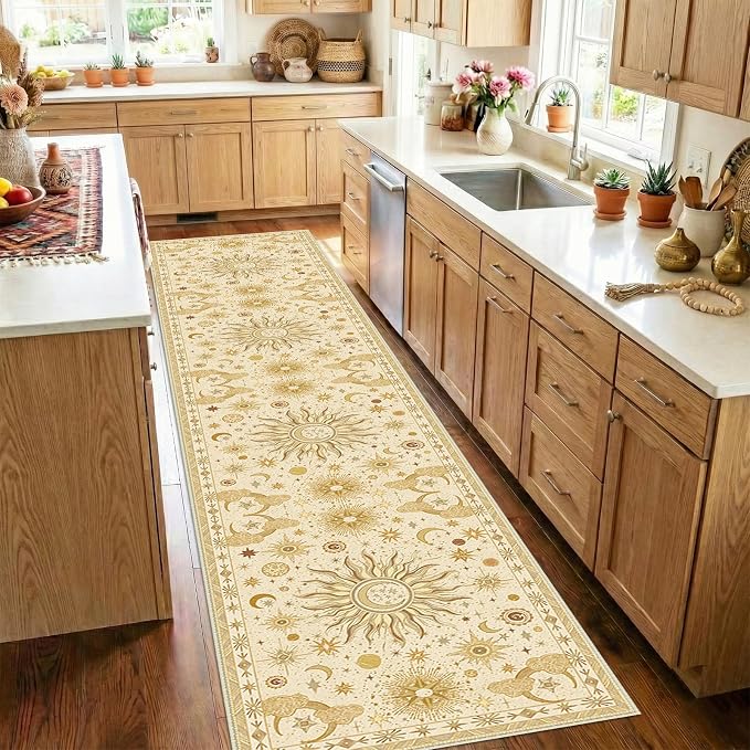 Vacuum-Friendly, 2x10 Washable Area Rug, Beige Camel Brown | Sun and Moon Boho Gothic Non-Slip Low Pile Living Roon Bedroom Dining Room Kitchen Entry Entryway Entrance Hallway Doormat