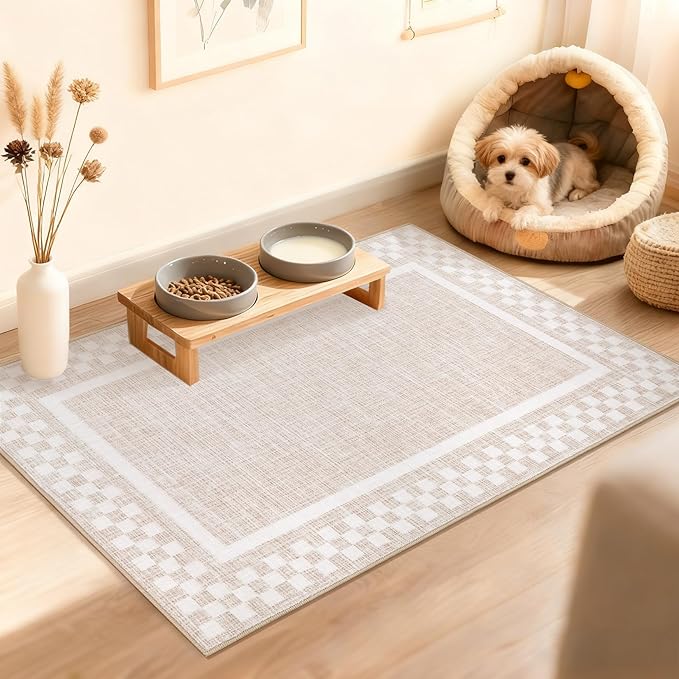 GarveeHome Small Area Rug 2x3 Washable Scalloped Non Slip Kitchen Rugs | Modern Checkered Solid Color Bedroom Doormat Stain Resistant Bordered Throw Carpet for Living Room Nursery Laundry, Beige