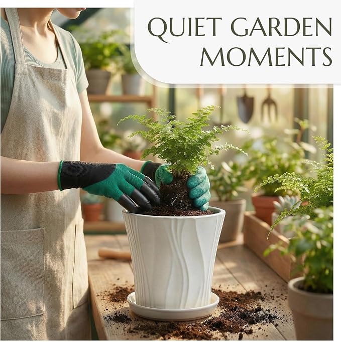 8.3 Inch Ceramic pots for Plants with Saucer Drainage Leak-Proof Mesh, Round Plant Pot with Gardening Gloves for Indoor Outdoor Plants (Rippled White)