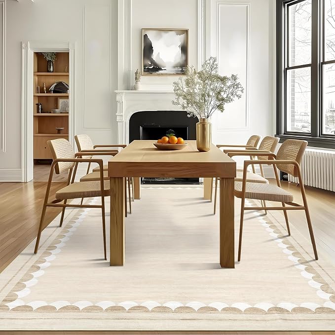 COZYLOOM 9x12 Dining Room Rugs for Under Table, Machine Washable Area Rugs for Bedroom, Non Slip Non Shedding Modern Border Rug, Stain Resistant Low Pile Carpet for Living Room, Nursery, Office, Beige