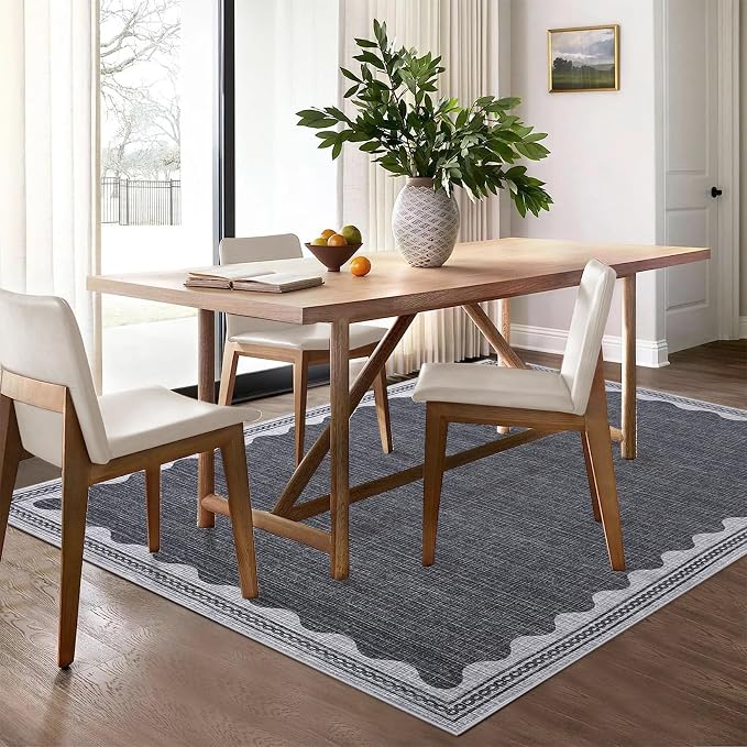 8x10 Scalloped Area Rugs Grey Washable Living Room Bedroom Rug | Solid Tan Rug for Bedroom Girls, Non Slip Throw Carpet With Rubber Back, Soft Dorm Nursery Scalloped Rugs for Dining Room