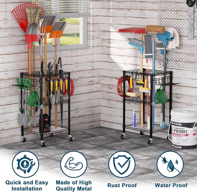 T1 Garden Tool Organizer（With Lockable Wheels）Heavy Duty Garage Tool Storage for Yard，Shed，Outdoor and Lawn，Freestanding Tool Organizers and Storage UP to 50 Tools，Black with Anti-Tip Device