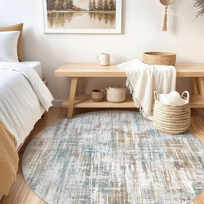 UERMEI 6ft Round Area Rug for Living Room Washable Abstract Blue Brown | Soft Low Pile Non Slip Indoor Carpet Stain Resistant Kid Pet Friendly Circle Rug For Bedroom Dining Room Office Nursery