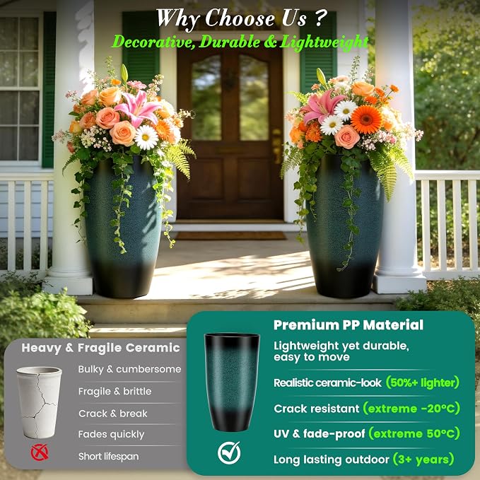 Autodaya 23.8" Tall Outdoor Planters Set of 2, Ceramic-Look Large Plastic Flower Pots with Drainage Holes, Gradient Turquoise Indoor Outdoor Plant Pots for Porch Patio Balcony Garden Home Decor