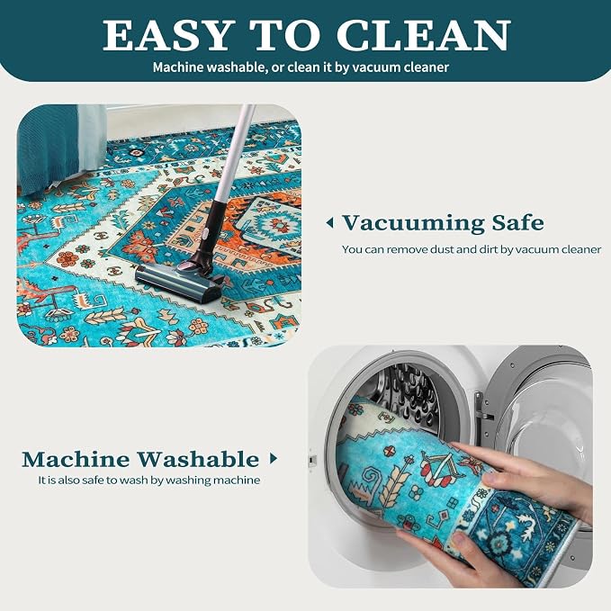 SERISSA 5x7 Washable Non Slip Boho Area Rug for Living Room，Blue | Ultra Soft Vintage Oriental Carpet Low-Pile Distressed Tribal Throw Carpet for Bedroom Dining Room Dorm Office Home Decor