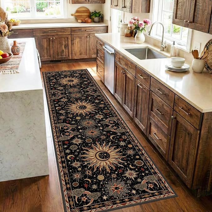 Vacuum-Friendly, 2x8 Washable Area Rug, Black Gold Beige Red | Sun and Moon Boho Gothic Non-Slip Low Pile Living Roon Bedroom Dining Room Kitchen Entry Entryway Entrance Hallway Doormat