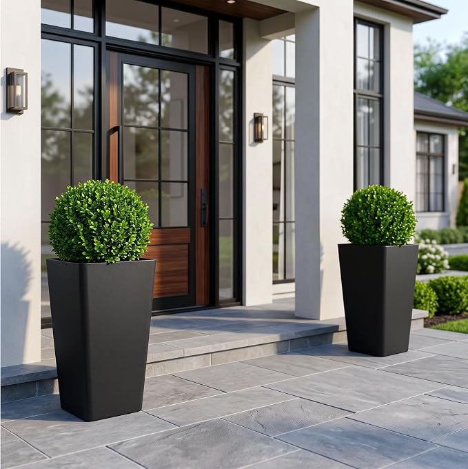 KOL Planters for Outdoor Plants, 20 Inch Tall Black Flower Pots 2 Pack, Large Plastic Plant Pots with Drainage Hole and Dual-Purpose Tray, Decorative Indoor Planter for Front Porch Patio Garden
