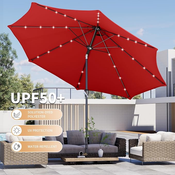 Kingdura 9FT Outdoor Patio Umbrella with Solar Lights, Market Table Umbrella with Push Button Tilt & Crank, 8 Sturdy Ribs, 32 LED Lights, UV Protection for Garden Lawn Deck Backyard Pool (Red)