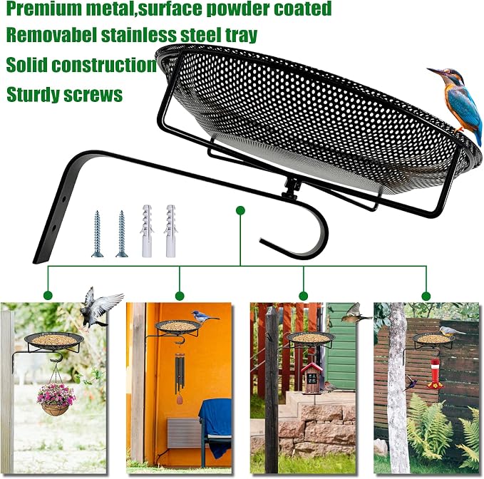 CQAIRIOU Wall Mounted Bird Feeder Tray,11.8" Stainless Steel Large Fence Tree Mount Birds Feeder for Outside Wild Birds, Table Mountable Platform Bird Feeder Mesh Seed Tray with Hanging Hook