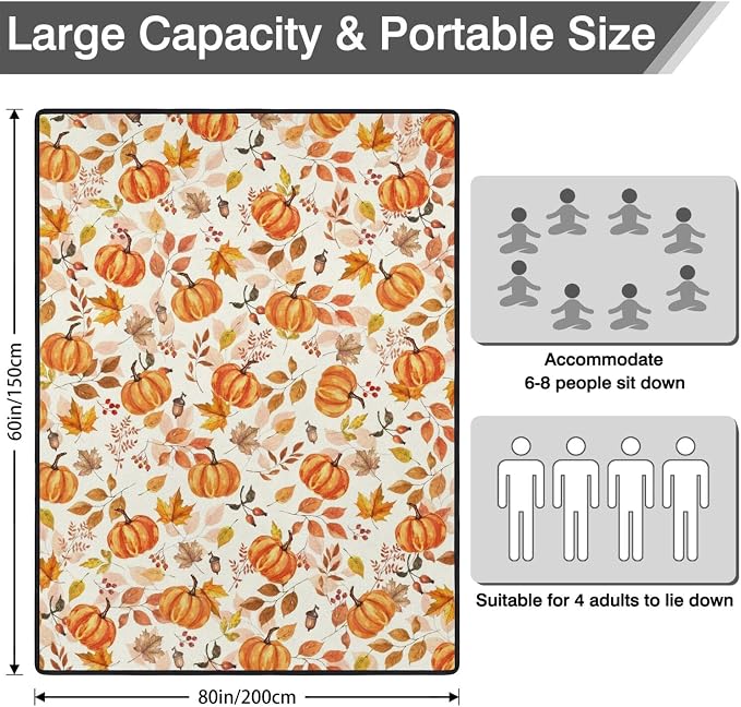 Fall Pumpkin Blankets Waterproof Foldable,60’‘x80'' Portable Dual Layers Outdoor Travel Camping Backpacking Hiking Beach Blanket Mat for Grass Padded Lawn Park Beach,Fall Pumpkin Picnic Accessories