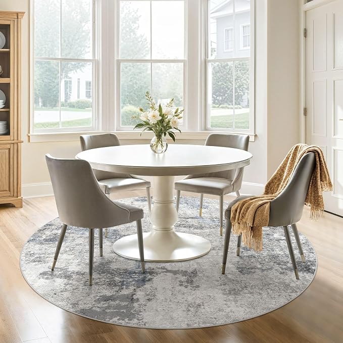 DMOYEST 6ft Round Area Rug for Living Room Washable Non Slip Circle Rug | 6x6 Neutral Modern Abstract Low Pile Rugs Kid & Pet Friendly Soft Carpet for Bedroom Dining Room - Grey Blue