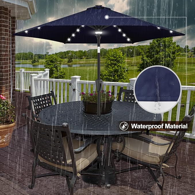 FLAME&SHADE 7.5 FT Solar Light Patio Umbrella, 24 LED Lights Outdoor Umbrella with Centre Surround Light, Table Umbrella Outdoor Patio for Deck, Pool, Backyard, Garden, UV Protection (Navy Blue)