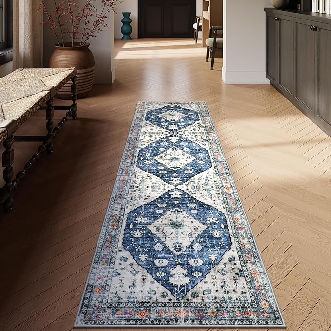 Lahome Felice Boho Tribal Runner Rug - 2x8 Blue Washable Runners for Hallways Bathroom Rug, Oriental Soft Non Slip Low Pile Pet Friendly Kitchen Mat Carpet Runner for Apartment Bar Hall Front Door